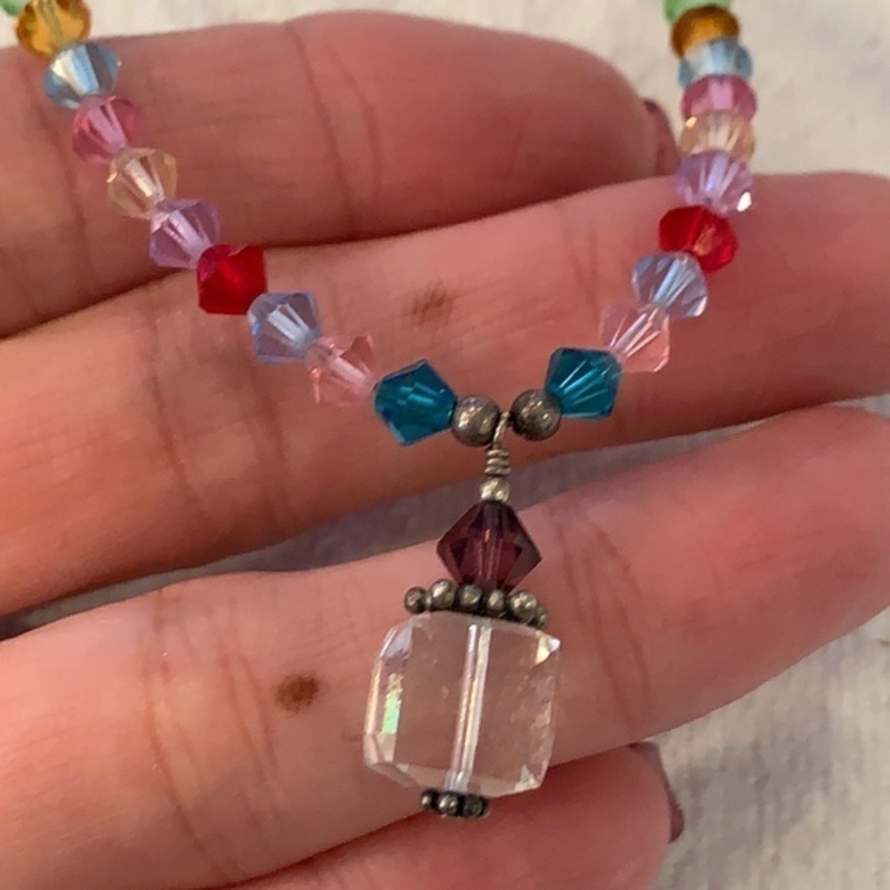 Sterling silver leather cord colorful faceted crystal bead clear cube pendant